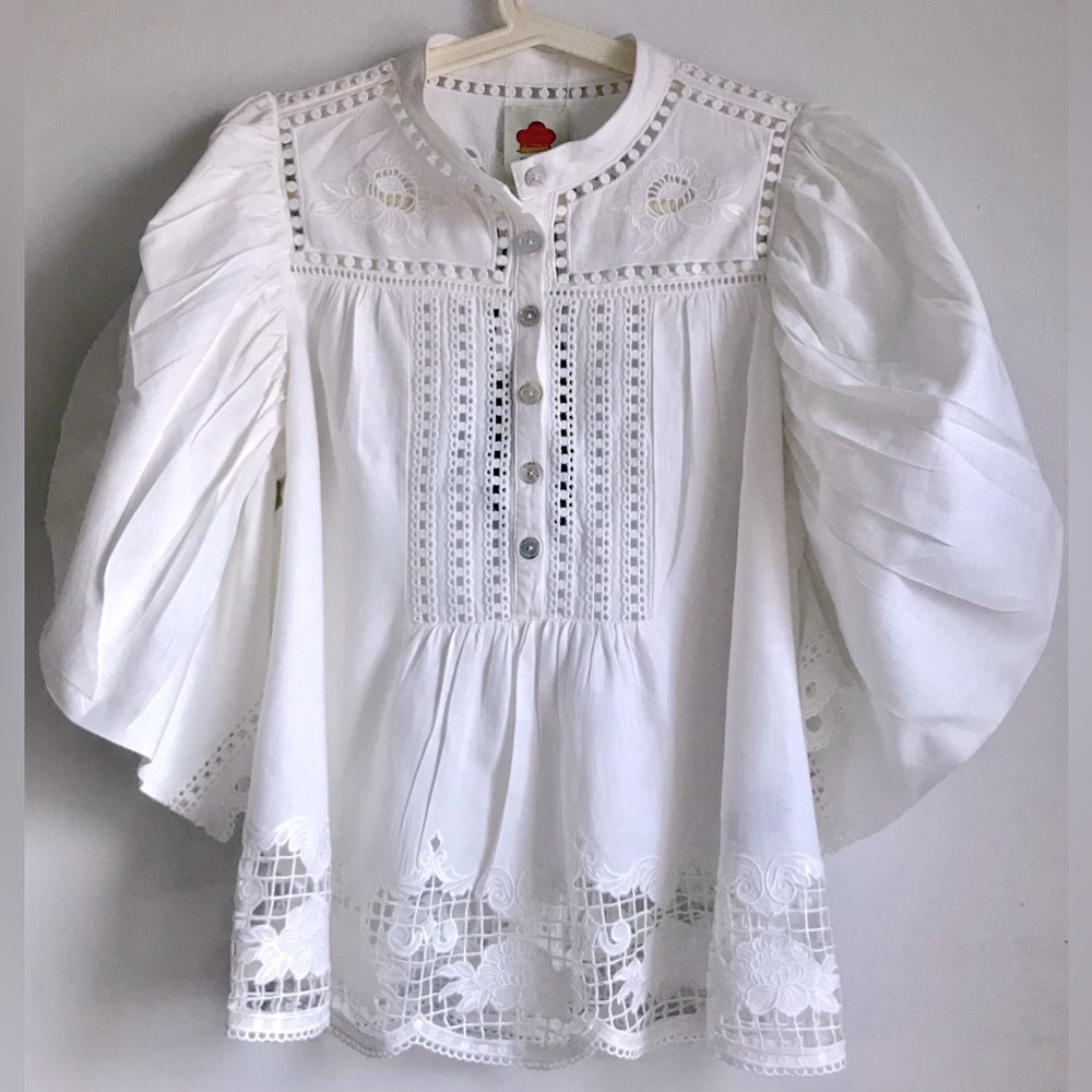 FARM Rio Romantic Richelieu Puffed Sleeve Blouse - Picture 8 of 16